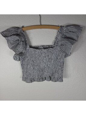 Sincerely Jules Black White Gingham Check Smocked Crop Top XS Square Neck